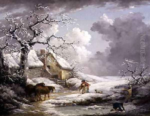 Winter Landscape with Men Snowballing an Old Woman 1790 Oil Painting by George Morland