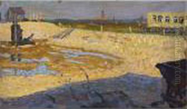 Landschap Met Zandvlakte En Bebouwing, Karretje Op De Voorgrond Oil Painting by Leo Gestel