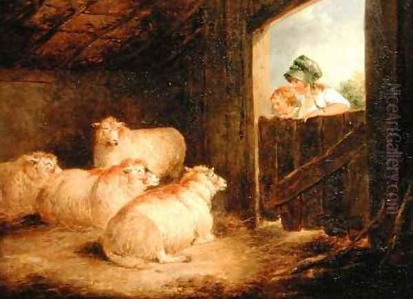 Two Girls Observing Sheep in a Barn Oil Painting by George Morland