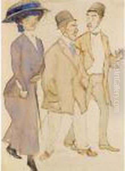 An Elegant Lady With Two Gentlemen Oil Painting by Leo Gestel