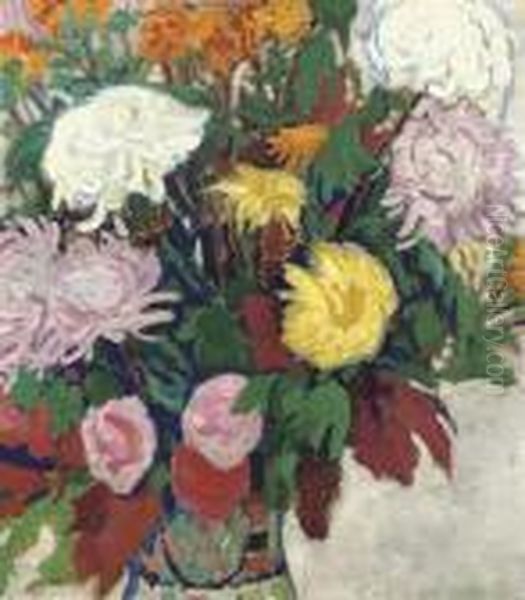 A Still Life With Flowers Oil Painting by Leo Gestel