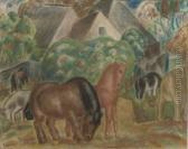 Farm With Horses In Vlaanderen Oil Painting by Leo Gestel