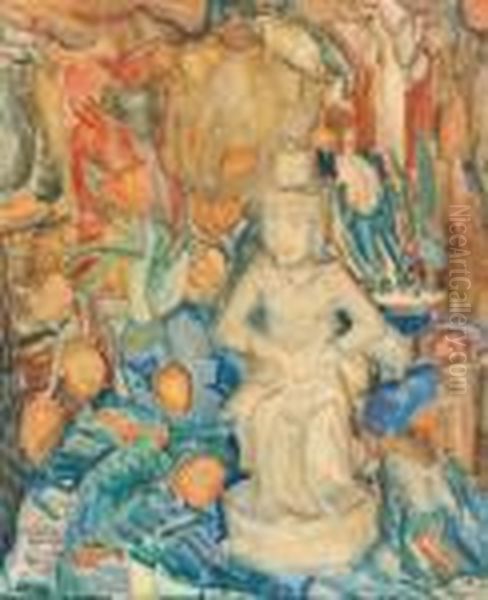 Still Life With Tulips Around An Indonesian Figure Oil Painting by Leo Gestel