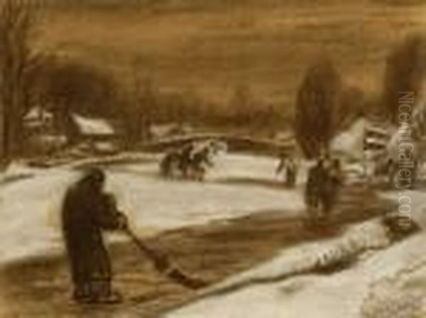 Snowy Landscape With Skaters Oil Painting by Leo Gestel