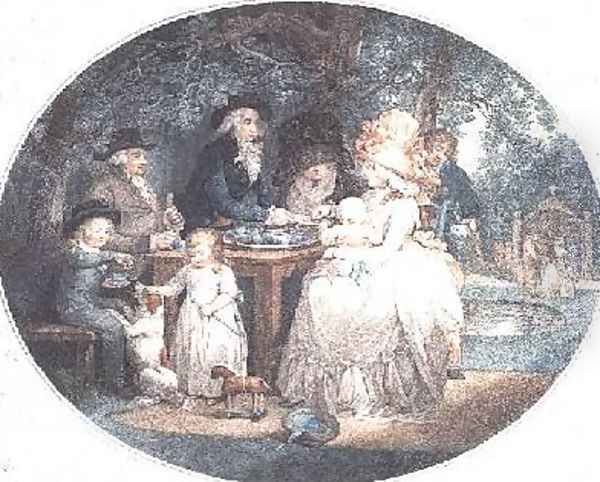 A Tea Garden colour stipple engraving after Morland Oil Painting by George Morland