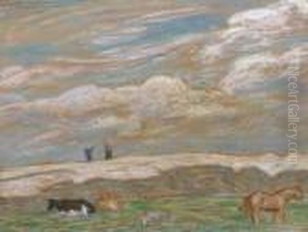 Landschap Figuren Koeien Paard Oil Painting by Leo Gestel