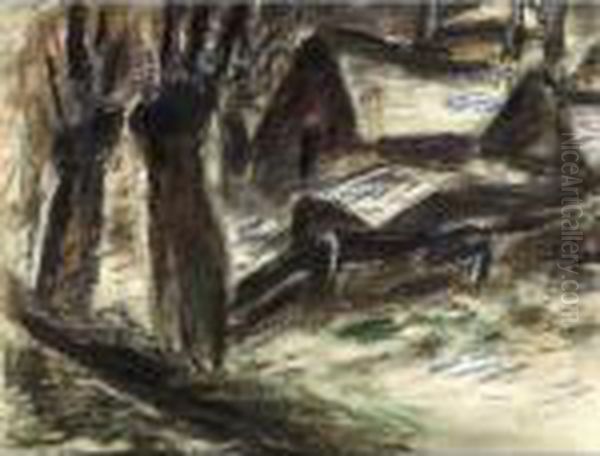 A Farm In A Winter Landscape Oil Painting by Leo Gestel