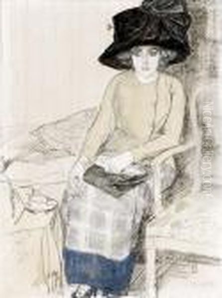 Elegant Lady With A Hat Smoking A Cigarette Oil Painting by Leo Gestel