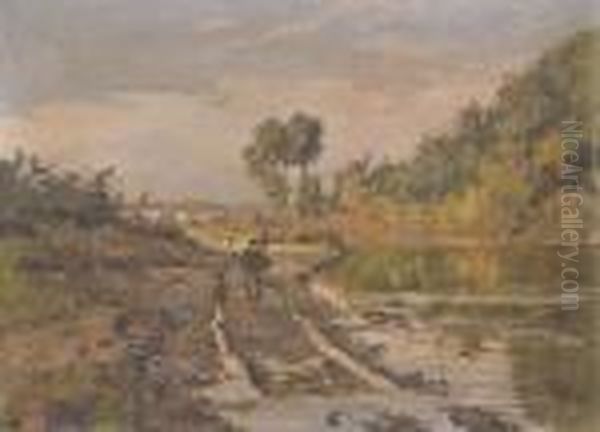 Figure Lungo Il Corso Di Un Fiume Con Abitato Inlontananza Oil Painting by Cesare Gheduzzi