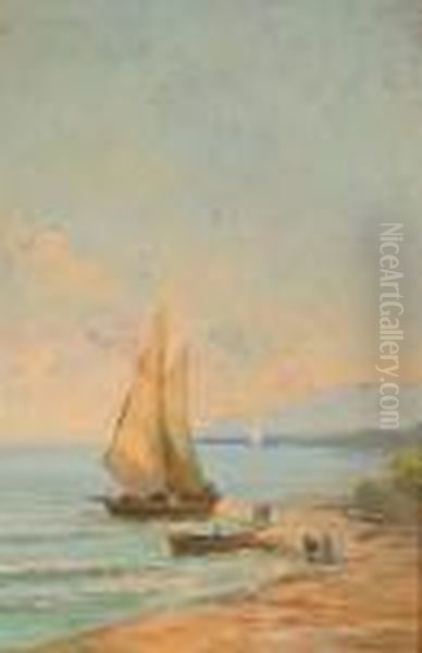 Marina Con Barca Oil Painting by Cesare Gheduzzi