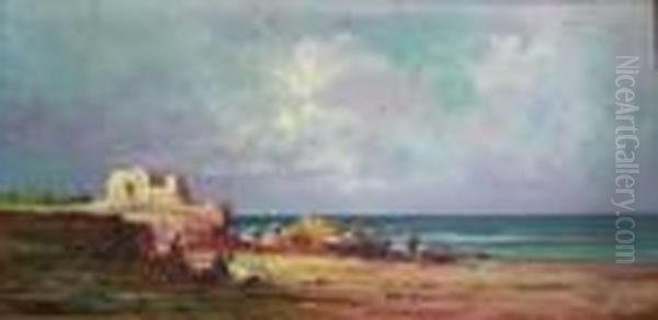 Spiaggia Con Pescatori A Bordighera Oil Painting by Cesare Gheduzzi