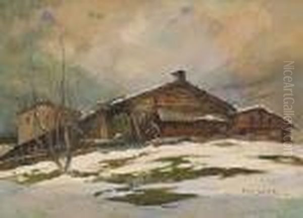 Baite E Neve In Alta Montagna Oil Painting by Cesare Gheduzzi