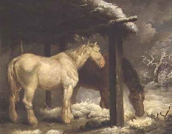 Shire Horses by a Thatched Shelter in a Stormy Wintery Landscape 1790 Oil Painting by George Morland