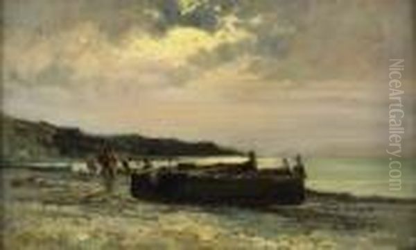 Barche Sulla Spiaggia Oil Painting by Cesare Gheduzzi