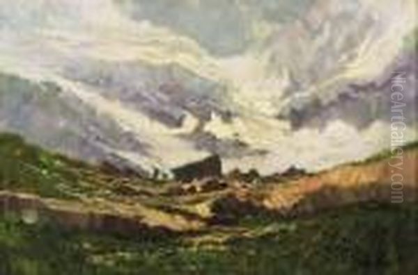 Paesaggio Montano Con Baite E Figure Oil Painting by Cesare Gheduzzi