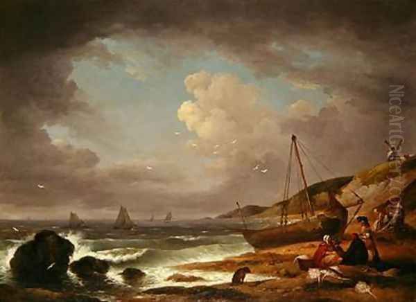 Coastal Scene with Men Mending a Boat Oil Painting by George Morland