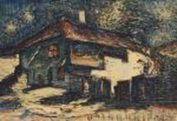 Turtucaia Houses At Night Oil Painting by Petrascu Gheorghe