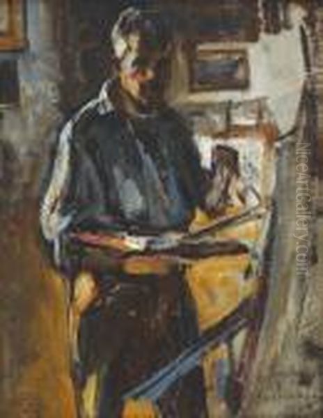 Selfportrait At Easel Oil Painting by Petrascu Gheorghe