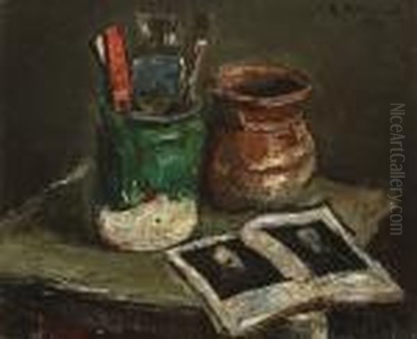 Still Life With Pot, Brushes And Artbook Oil Painting by Petrascu Gheorghe