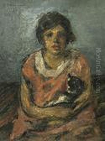 Mariana Cu Pisica Oil Painting by Petrascu Gheorghe