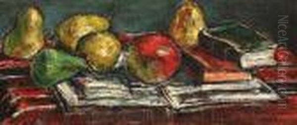 Still Life With Books And Apples Oil Painting by Petrascu Gheorghe