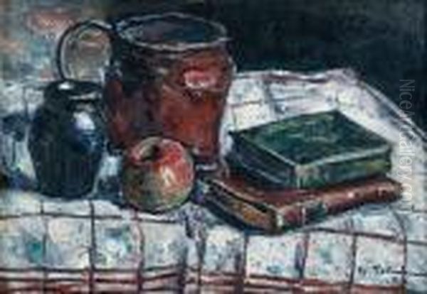 Nature Morte Aux Livres Sur Une Nappe A Carreaux Oil Painting by Petrascu Gheorghe