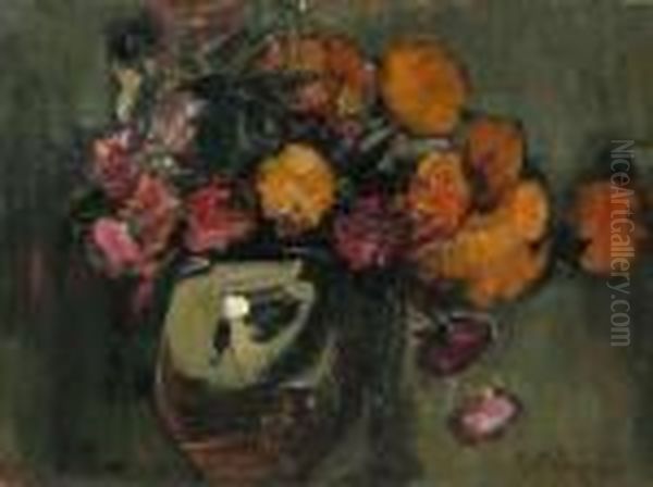 Vase With Carnations And Marigolds Oil Painting by Petrascu Gheorghe