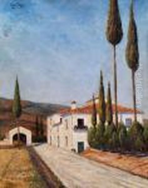 Toskanische Landschaft Mit 
Strasse, Diezu Einem Gehoft Fuhrt, Mit Gartnerisch Gestalteten, 
Zugeschnittenenzypressen Oil Painting by Oscar Ghiglia