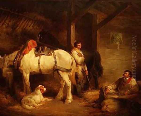 Labourers and Carthorses in a Stable Interior Oil Painting by George Morland