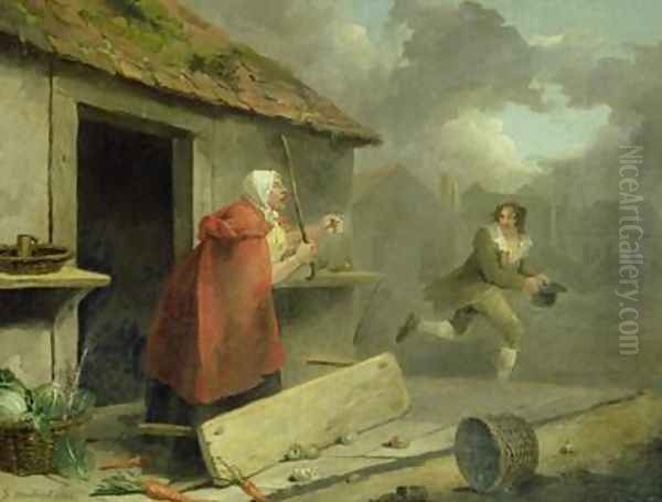 Old Woman Waving a Stick at a Boy 1793 Oil Painting by George Morland