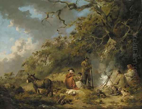 Gypsies around a camp fire in a woodland clearing Oil Painting by George Morland