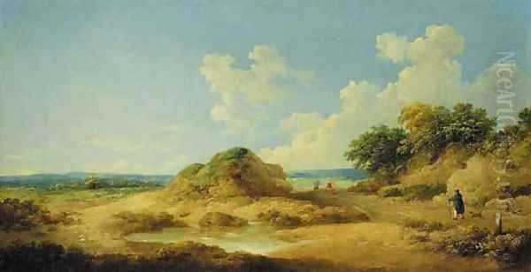 A heathland landscape with figures on a path Oil Painting by George Morland