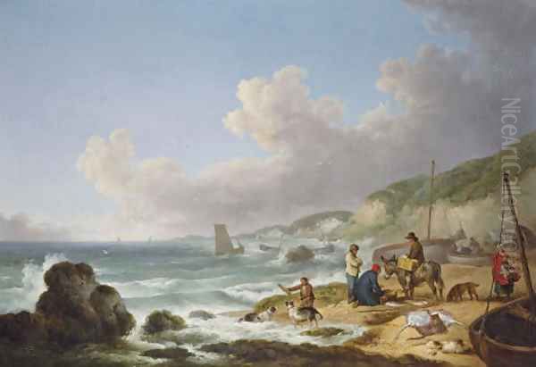 A view of Gurnhards Bay, near Cowes, Isle of Wight, with fisherfolk on the shore Oil Painting by George Morland