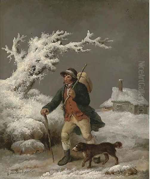 A cottager and his dog in a winter landscape Oil Painting by George Morland