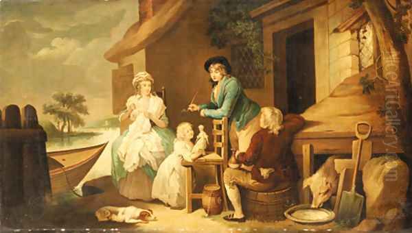 A family gathered outside a farmhouse Oil Painting by George Morland