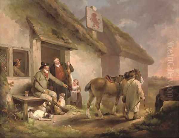 A game keeper with other figures, dogs and a horse outside the Red Lion inn at sunset Oil Painting by George Morland