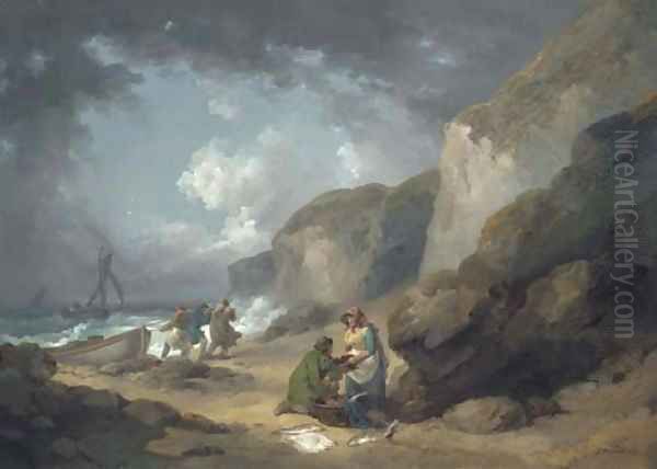 A coastal scene with fisherfolk on the shore Oil Painting by George Morland