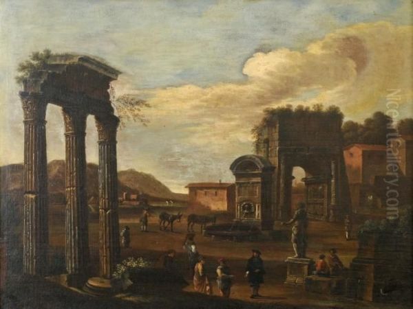 Figures Amidst Classical Ruins Oil Painting by Giovanni Ghisolfi