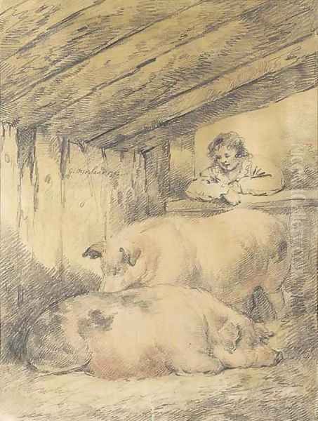 Pigs in a sty Oil Painting by George Morland