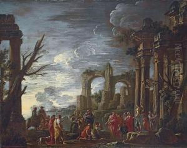 A Capriccio Landscape With A King And Other Figures Amidstclassical Ruins Oil Painting by Giovanni Ghisolfi