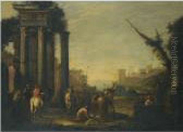 An Architectural Capriccio With Phalari Ordering Perilaus Into Thebrazen Bull Oil Painting by Giovanni Ghisolfi