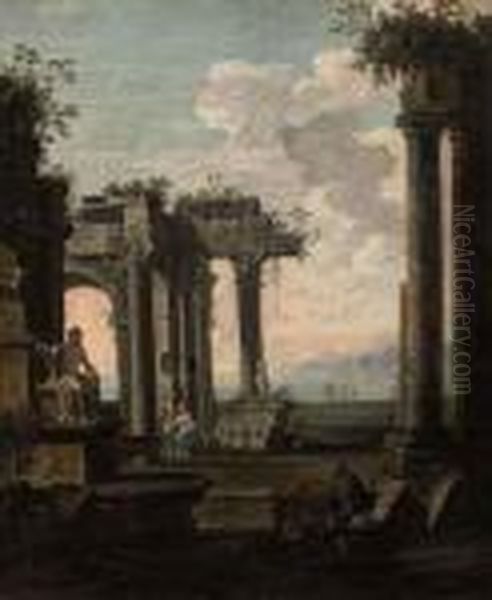 A Peasant Watering His Horse Amongst Classical Ruins Oil Painting by Giovanni Ghisolfi