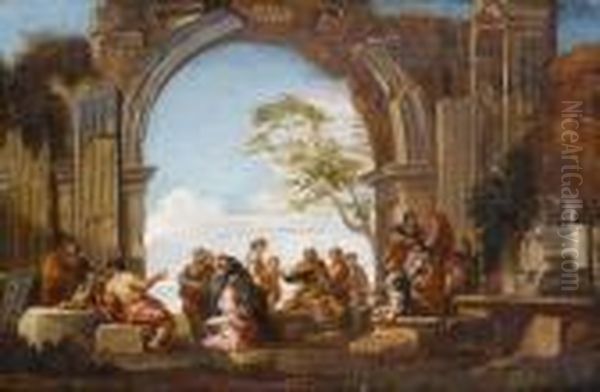 Classical Figures Amongst Ruins Oil Painting by Giovanni Ghisolfi