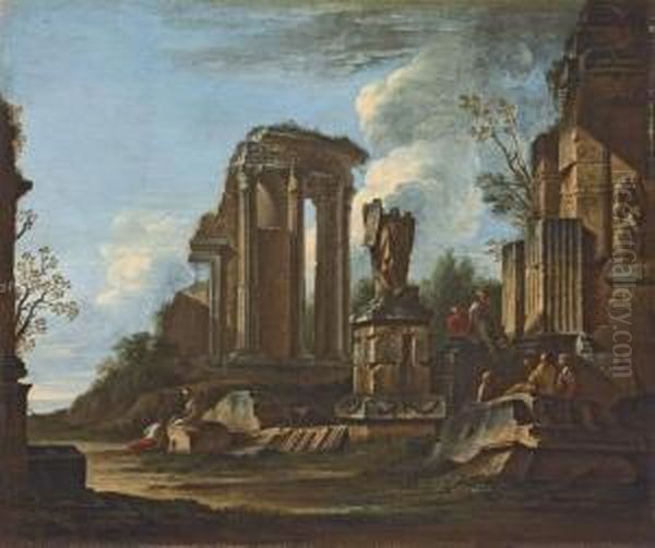 A Capriccio Of Roman Ruins With 
The Trofei Di Mario And The Temple Of The Sibyl At Tivoli And Figures 
Conversing Oil Painting by Giovanni Ghisolfi