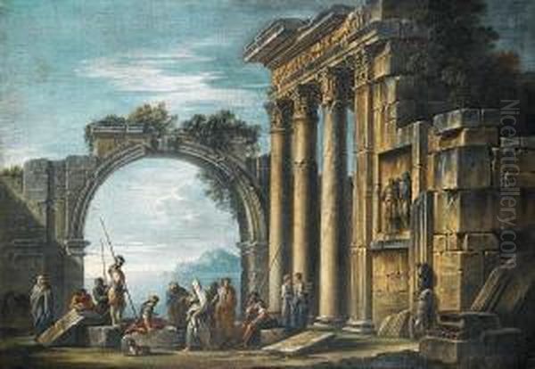 Classical Ruins Before An Italianate Lake Landscape Oil Painting by Giovanni Ghisolfi