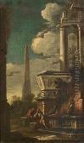 Figures Resting Amongst Classical Ruins Oil Painting by Giovanni Ghisolfi