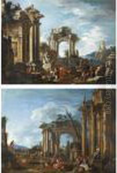 Architectural Capriccio With A 
Statue Of Mercury; Architectural Capriccio With Conversing Figures, A 
Round Dance Beyond. Oil Painting by Giovanni Ghisolfi