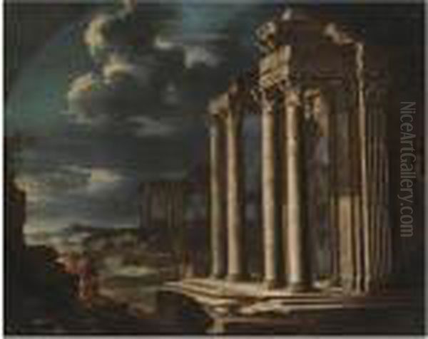 An Architectural Capriccio Of Roman Ruins With Figuresconversing Oil Painting by Giovanni Ghisolfi