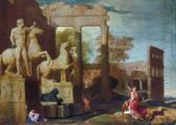 Capriccio Romano Con Il Colosseo E Le Statue Dei Dioscuri Castore Epolluce Oil Painting by Giovanni Ghisolfi