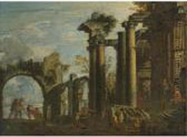 Architectural Capriccio With Fishermen And Figures Resting Among Ruins Oil Painting by Giovanni Ghisolfi